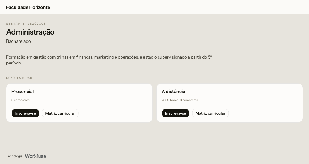 A página de um curso com duas modalidades