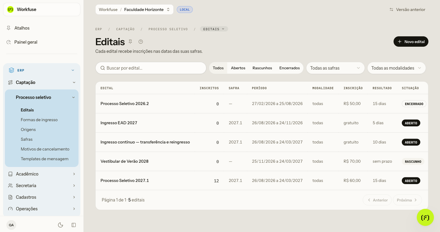 A lista de editais, com a busca e os filtros de situação, safra e modalidade