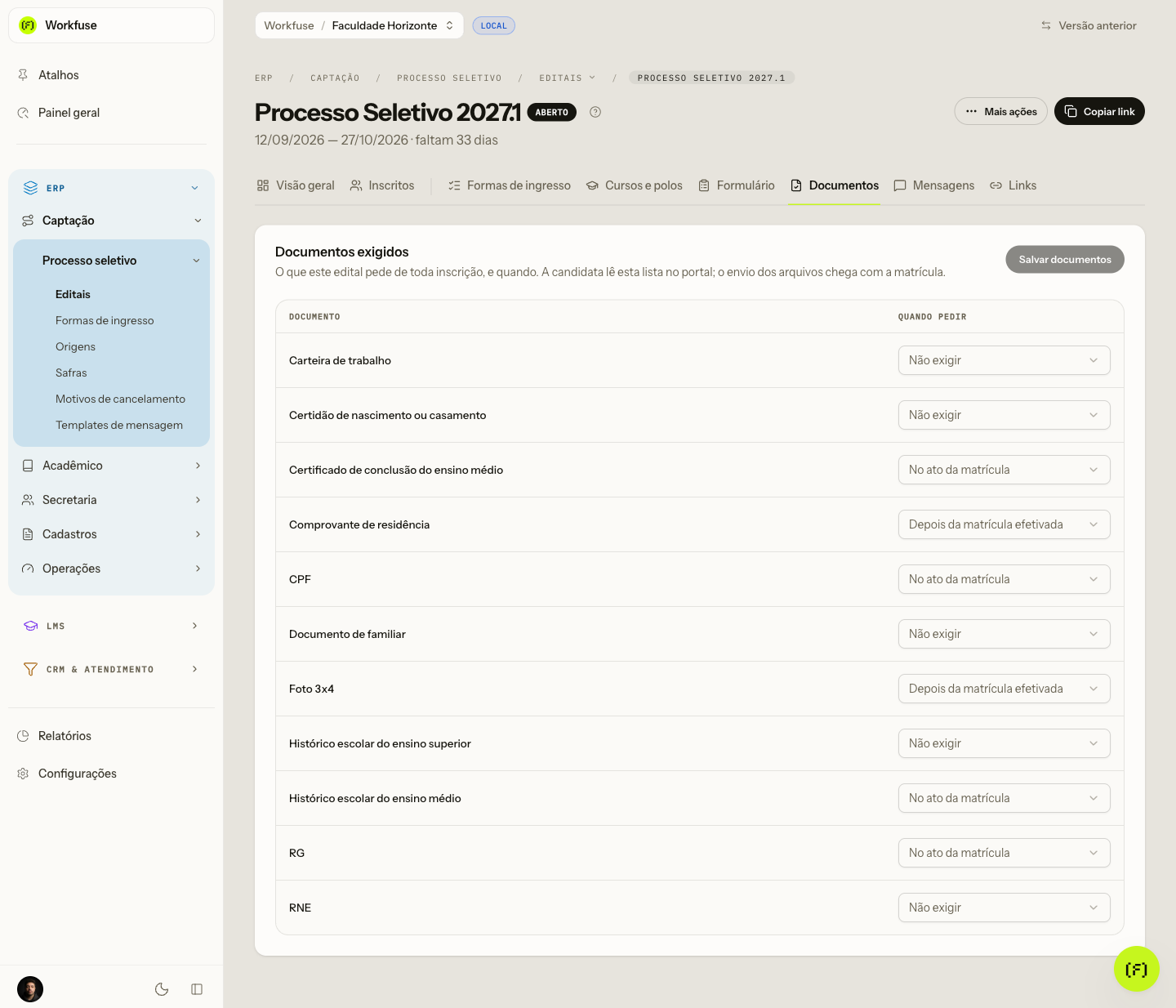 A aba Documentos, com os onze documentos e quando cada um é pedido