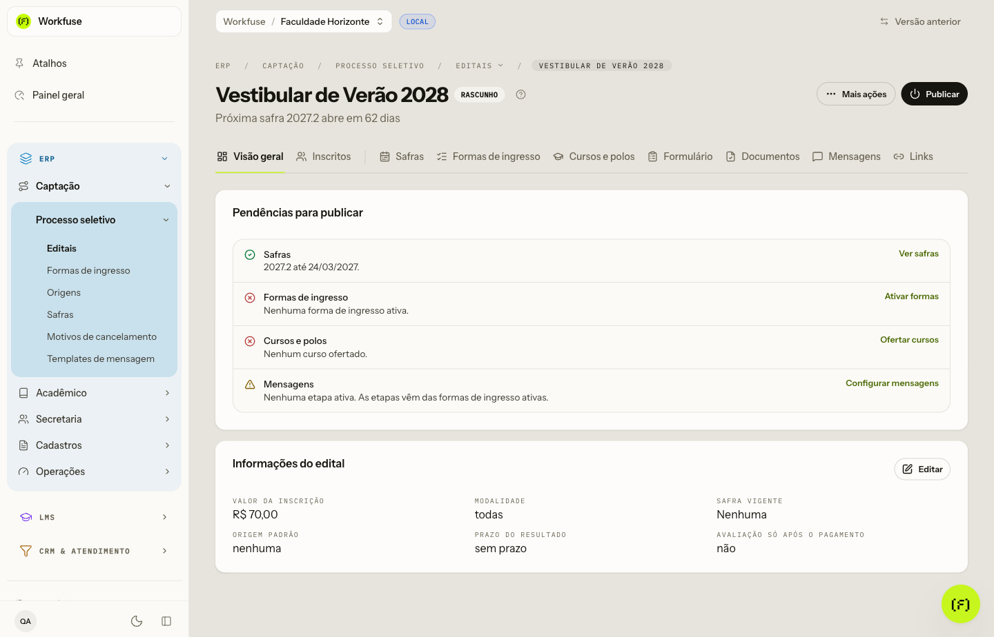 A visão geral de um rascunho: o que falta para publicar