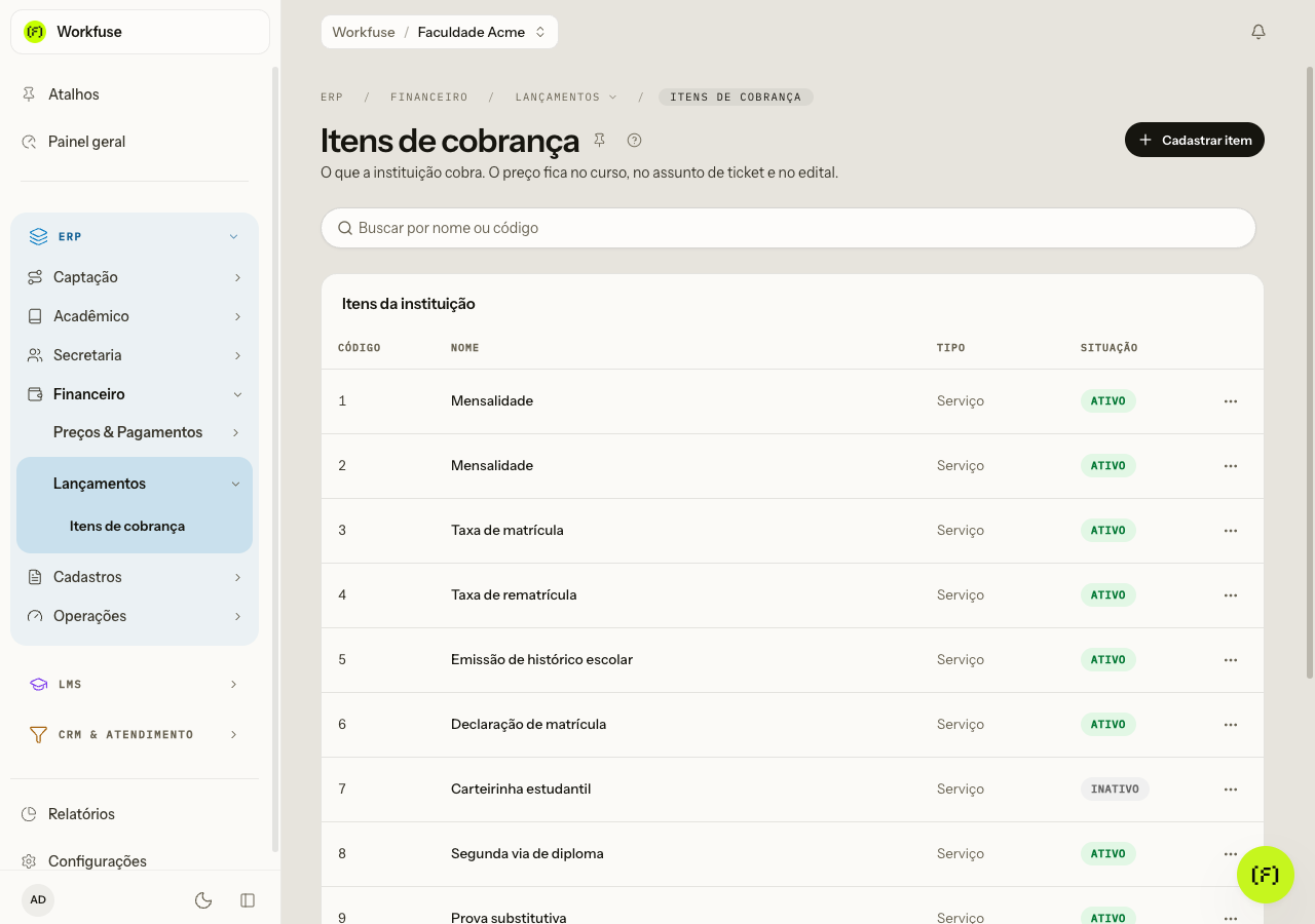 A tela Itens de cobrança: a busca e a lista com código, nome, tipo e situação