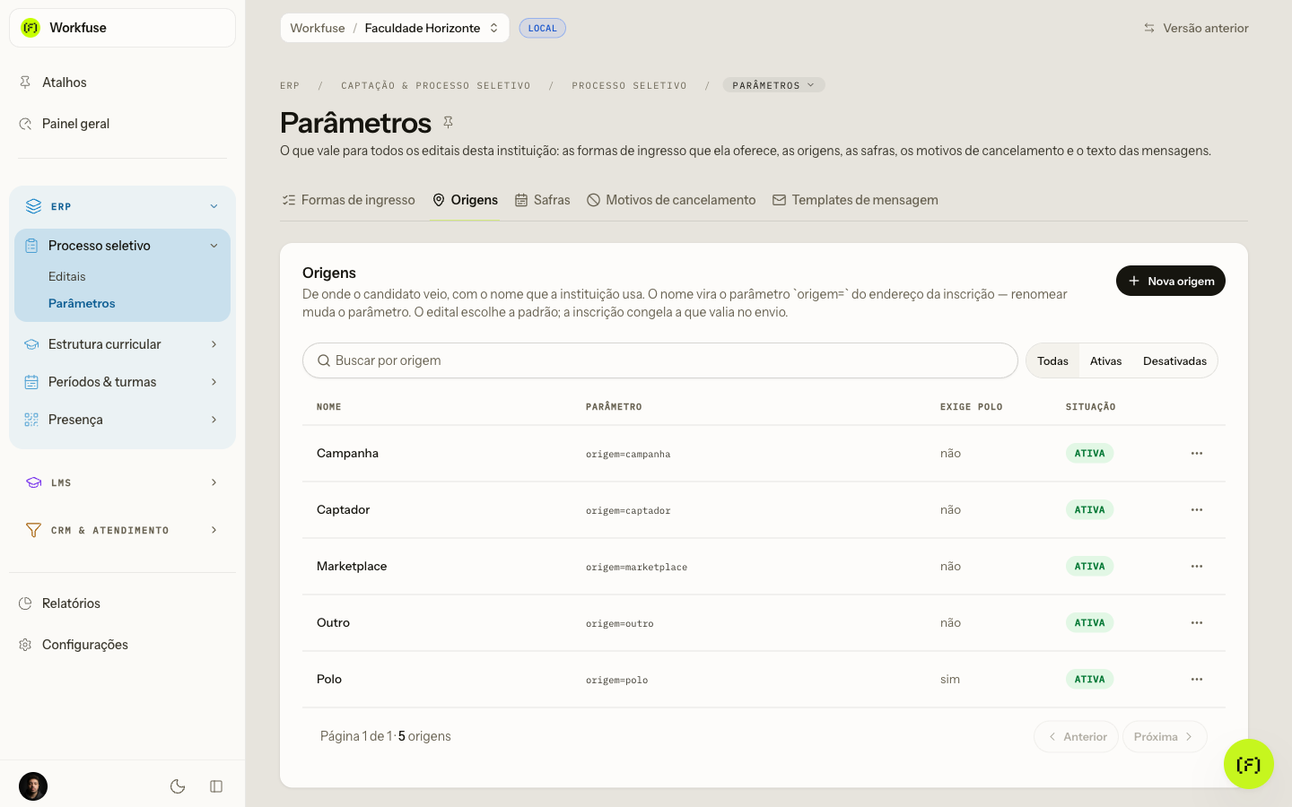 A página de origens, com o parâmetro de endereço de cada uma