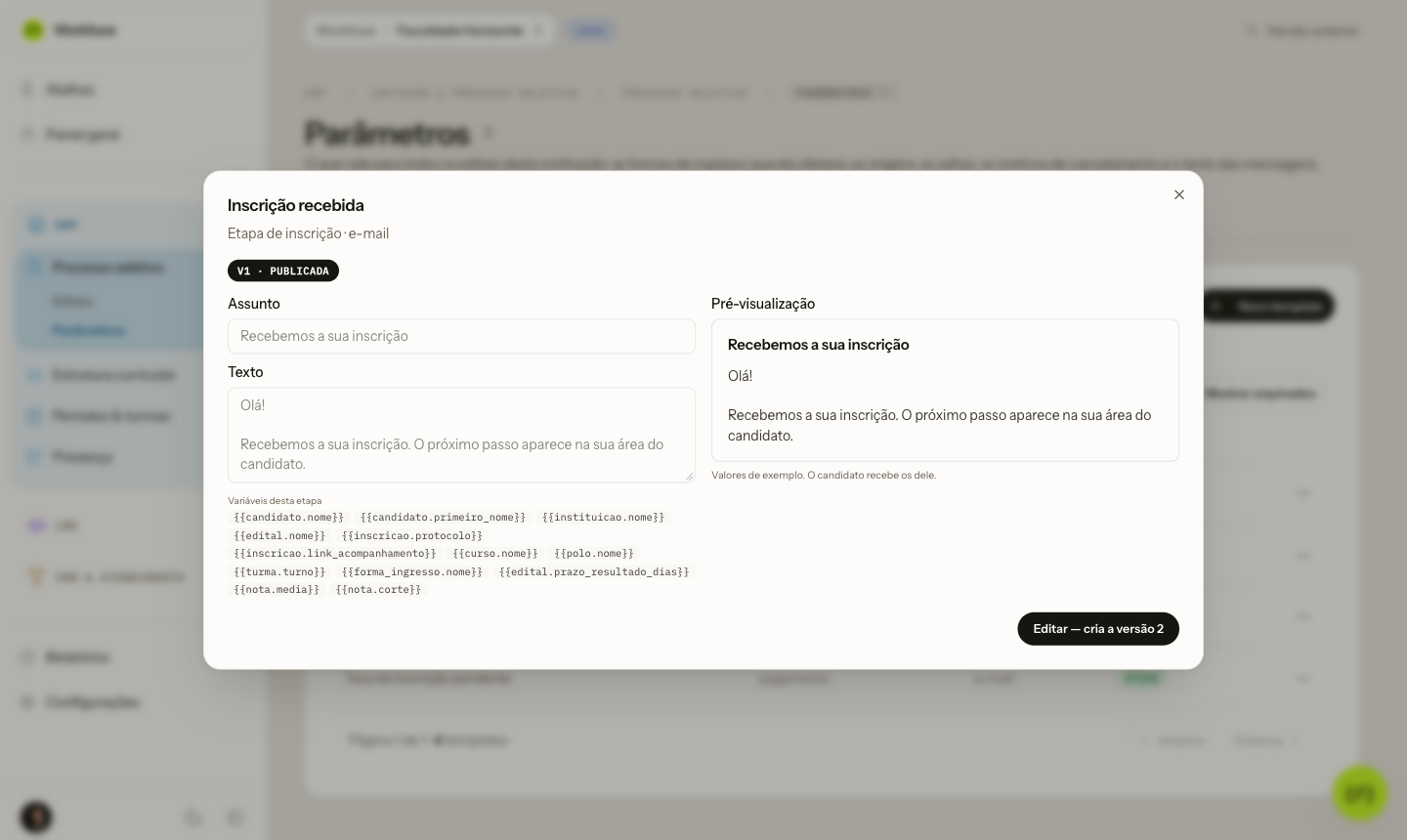 O template aberto: assunto, texto, variáveis da etapa e pré-visualização